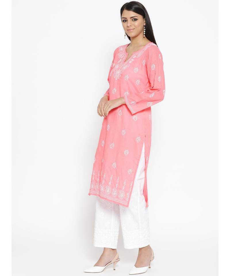 Ada Hand Embroidered Peach Cotton Lucknow Chikankari Women Kurta with Palazzo Set - A100017