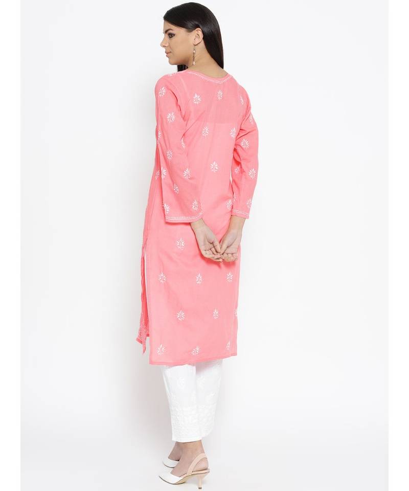 Ada Hand Embroidered Peach Cotton Lucknow Chikankari Women Kurta with Palazzo Set - A100017