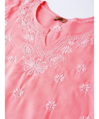 Ada Hand Embroidered Peach Cotton Lucknow Chikankari Women Kurta with Palazzo Set - A100017 4