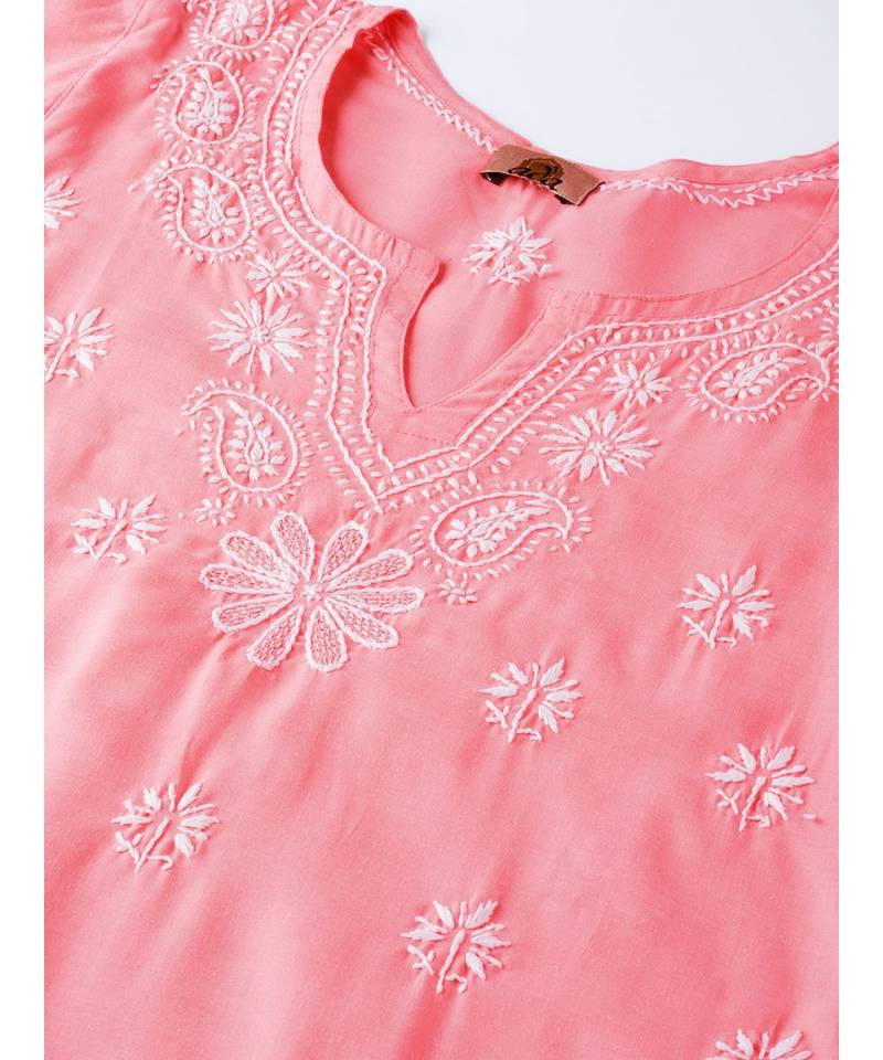 Ada Hand Embroidered Peach Cotton Lucknow Chikankari Women Kurta with Palazzo Set - A100017