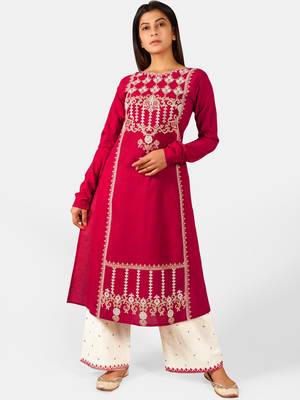 Gulmohar Long Aari Embroidered Khadi Kurta Set with Chudi Sleeves 1