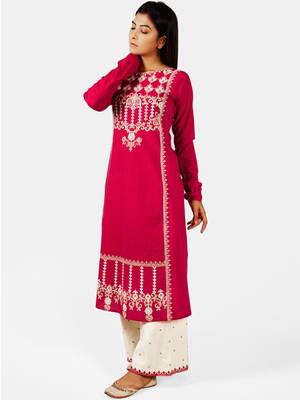 Gulmohar Long Aari Embroidered Khadi Kurta Set with Chudi Sleeves 2