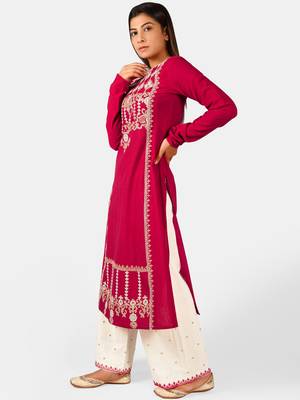 Gulmohar Long Aari Embroidered Khadi Kurta Set with Chudi Sleeves 3