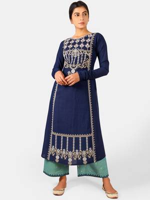 Navyblue Long Aari Embroidered Khadi Kurta Set with Chudi Sleeves 1