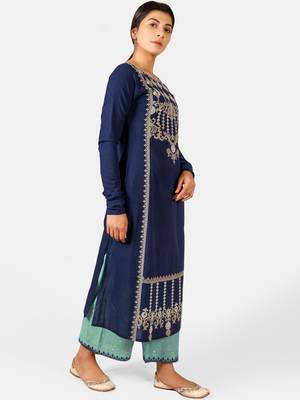 Navyblue Long Aari Embroidered Khadi Kurta Set with Chudi Sleeves 2
