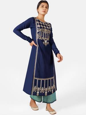 Navyblue Long Aari Embroidered Khadi Kurta Set with Chudi Sleeves 3