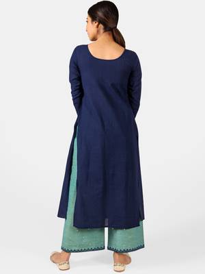 Navyblue Long Aari Embroidered Khadi Kurta Set with Chudi Sleeves 4