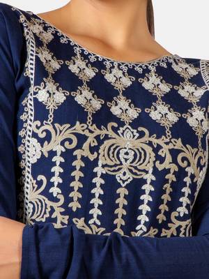 Navyblue Long Aari Embroidered Khadi Kurta Set with Chudi Sleeves 5