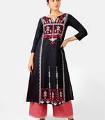 Black Heavy Neck Front Panel Embroidered Khadi Kurta Set