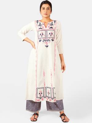 Off-White Heavy Neck Front Panel Embroidered Khadi Kurta Set 1
