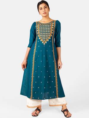 Turquoise Heavy-Neck and Twinkiling Star Embroidered Khadi Kurta Set 1