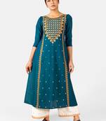 Turquoise Heavy-Neck and Twinkiling Star Embroidered Khadi Kurta Set