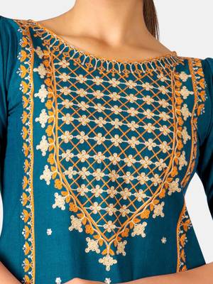 Turquoise Heavy-Neck and Twinkiling Star Embroidered Khadi Kurta Set 5