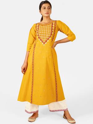 Mustard Heavy-Neck and Twinkiling Star Embroidered Khadi Kurta Set 1
