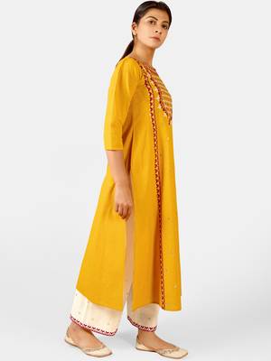 Mustard Heavy-Neck and Twinkiling Star Embroidered Khadi Kurta Set 2