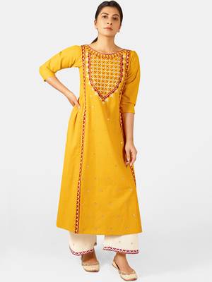 Mustard Heavy-Neck and Twinkiling Star Embroidered Khadi Kurta Set 3