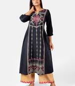 Deep Navyblue Heavy Panel Embroidered Slub Khadi Kurta set