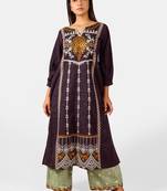 Deep Purple Heavy Panel Embroidered Slub Khadi Kurta set