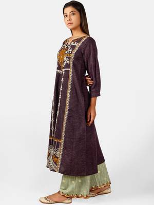 Deep Purple Heavy Panel Embroidered Slub Khadi Kurta set 2