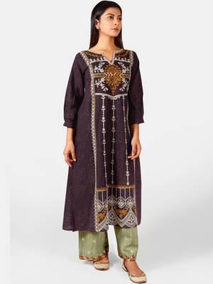 Deep Purple Heavy Panel Embroidered Slub Khadi Kurta set 3