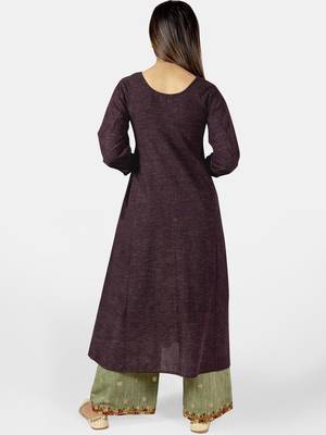 Deep Purple Heavy Panel Embroidered Slub Khadi Kurta set 4