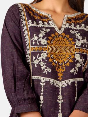 Deep Purple Heavy Panel Embroidered Slub Khadi Kurta set 5