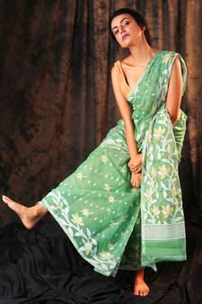 Sea Green Hand Woven Blended Cotton Saree Without Blouse
