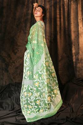 Sea Green Hand Woven Blended Cotton Saree Without Blouse 2