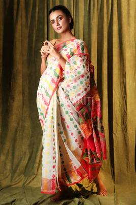 White hand woven blended cotton saree  1