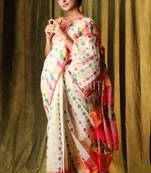 White hand woven blended cotton saree 