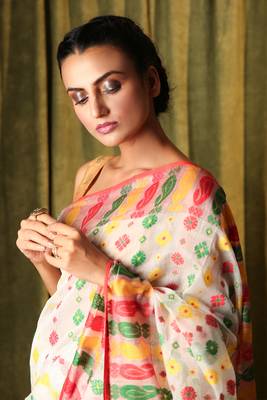 White hand woven blended cotton saree  3