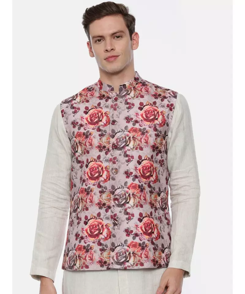 Pink Printed Linen Nehru Jacket