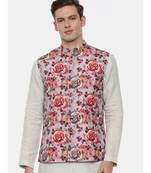 Pink Printed Linen Nehru Jacket