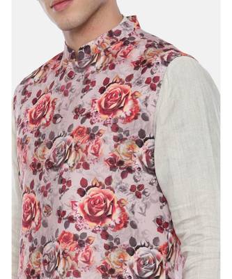 Pink Printed Linen Nehru Jacket 2