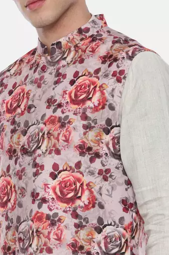 Pink Printed Linen Nehru Jacket