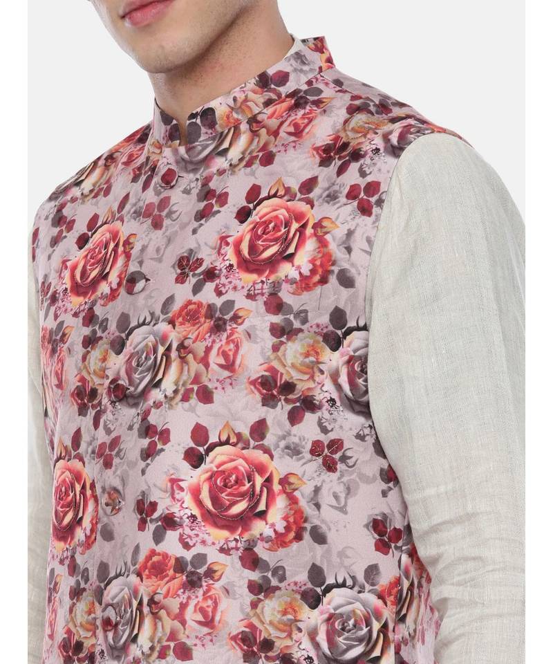 Pink Printed Linen Nehru Jacket