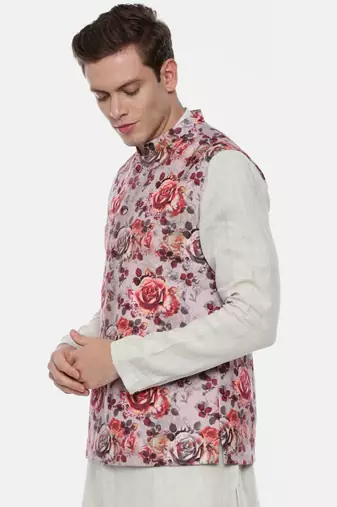Pink Printed Linen Nehru Jacket