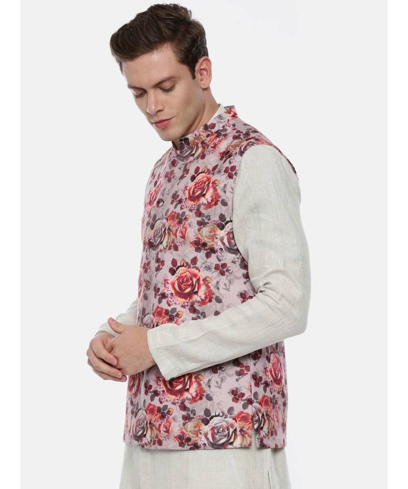 Pink Printed Linen Nehru Jacket