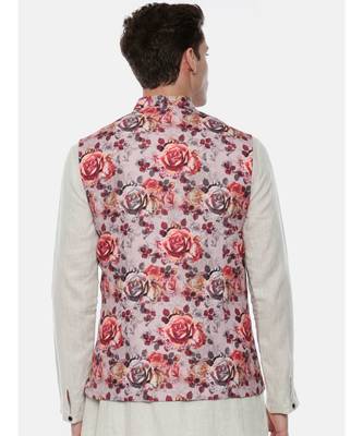 Pink Printed Linen Nehru Jacket 4