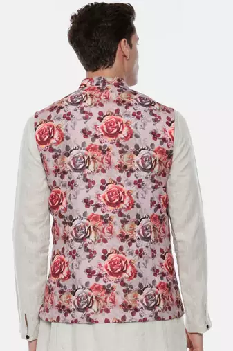 Pink Printed Linen Nehru Jacket