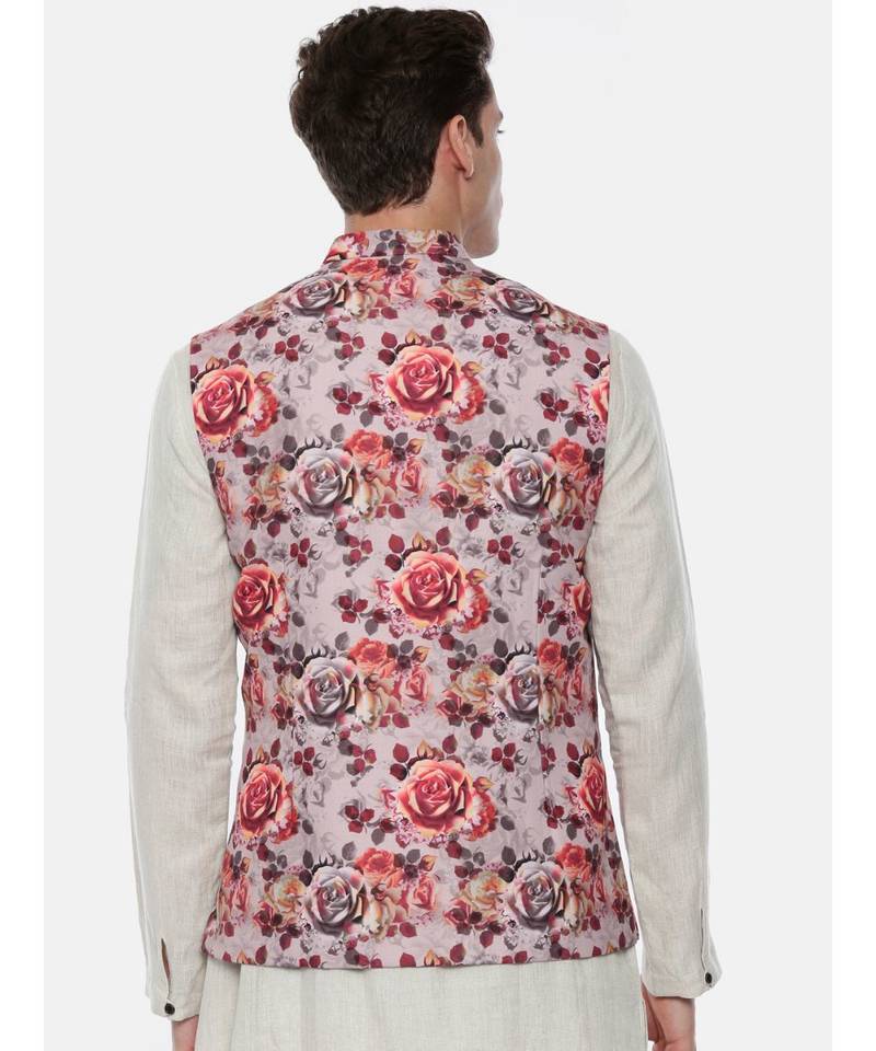 Pink Printed Linen Nehru Jacket