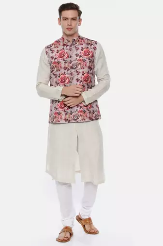 Pink Printed Linen Nehru Jacket