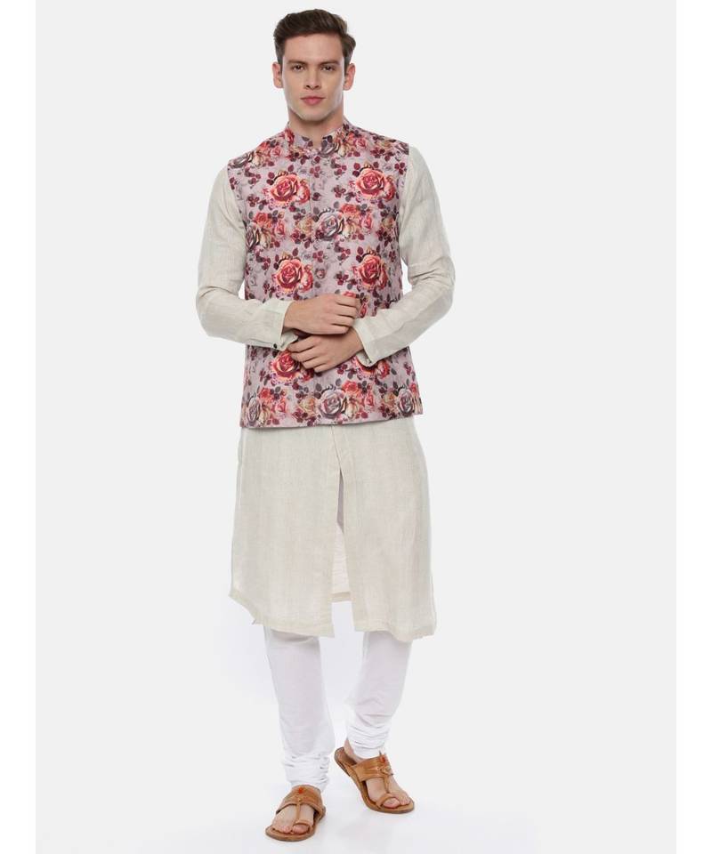 Pink Printed Linen Nehru Jacket