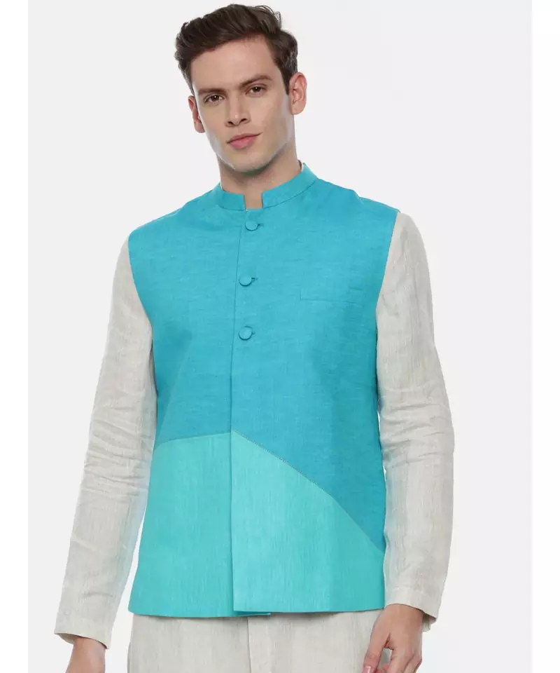 Aqua Blue Linen Jacket In Geometric Cut