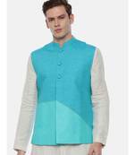 Aqua Blue Linen Jacket In Geometric Cut