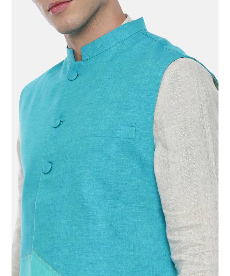 Aqua Blue Linen Jacket In Geometric Cut