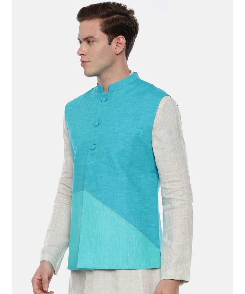 Aqua Blue Linen Jacket In Geometric Cut