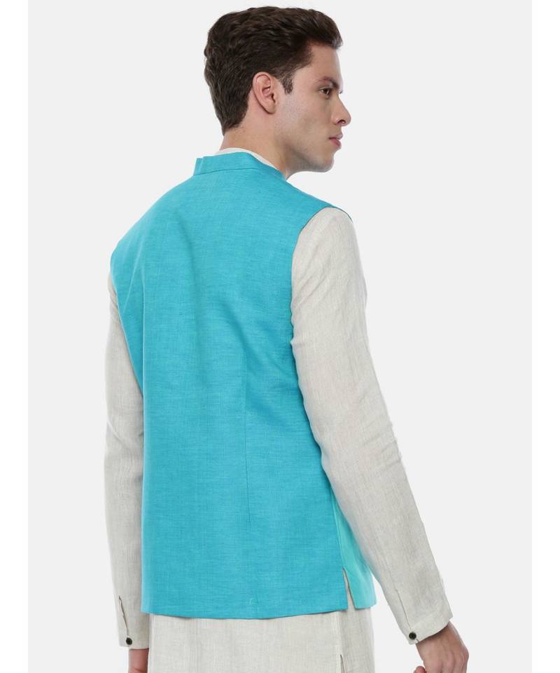 Aqua Blue Linen Jacket In Geometric Cut