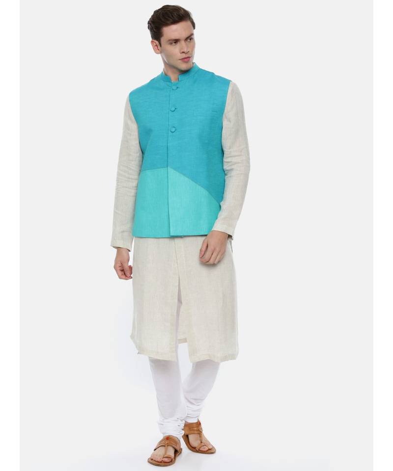 Aqua Blue Linen Jacket In Geometric Cut