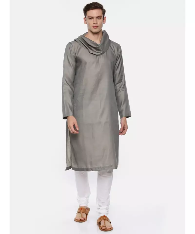 Koul Neck Grey Linen Satin Kurta Set